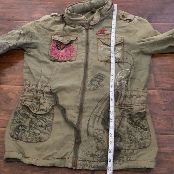 Desigual Distressed Embroidered Hooded Jacket Linen Blend Utility Boho Military - Picture 6 of 14